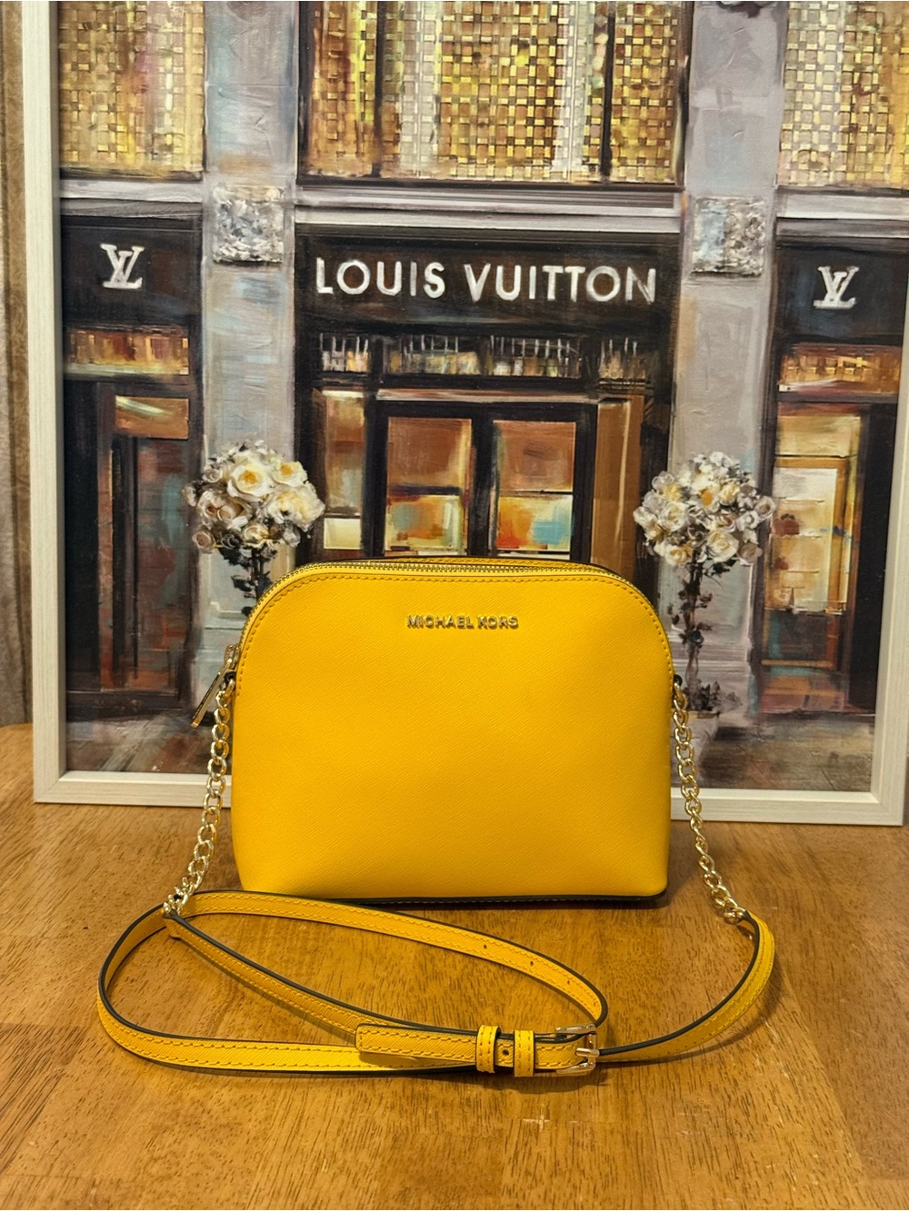 Michael Kors Yellow Saffiano Dome Crossbody with Gold Chain